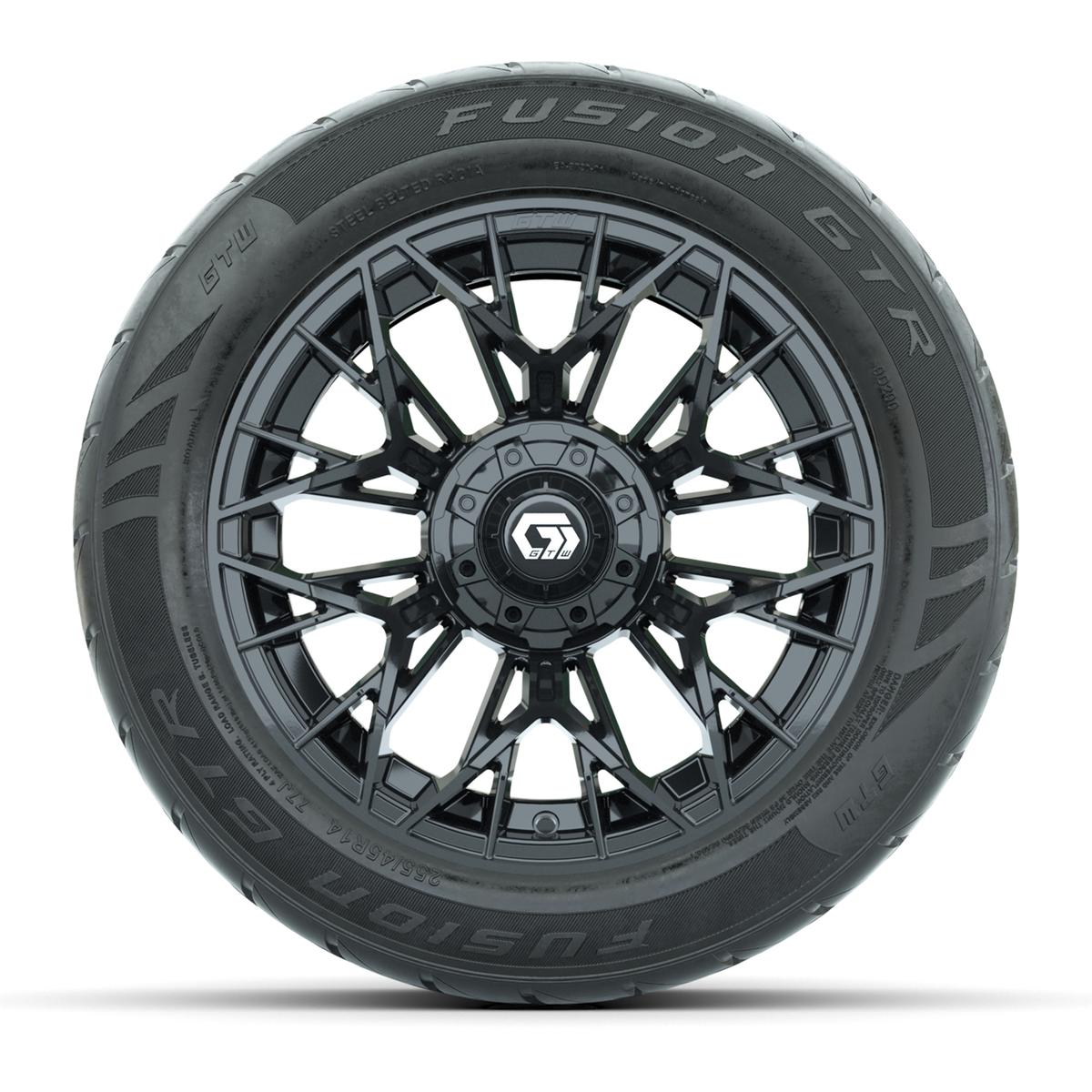 GTW&reg; Stellar Black 14 in Wheels with 255/45-R14 Fusion GTR Steel Belt Radial Street Tires – Full Set