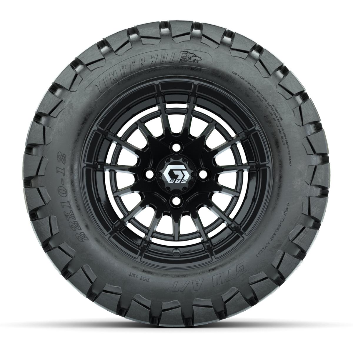 GTW® Boost Gloss Black 12 in Wheels with 22x10-12 Timberwolf All-Terrain Tires – Full Set