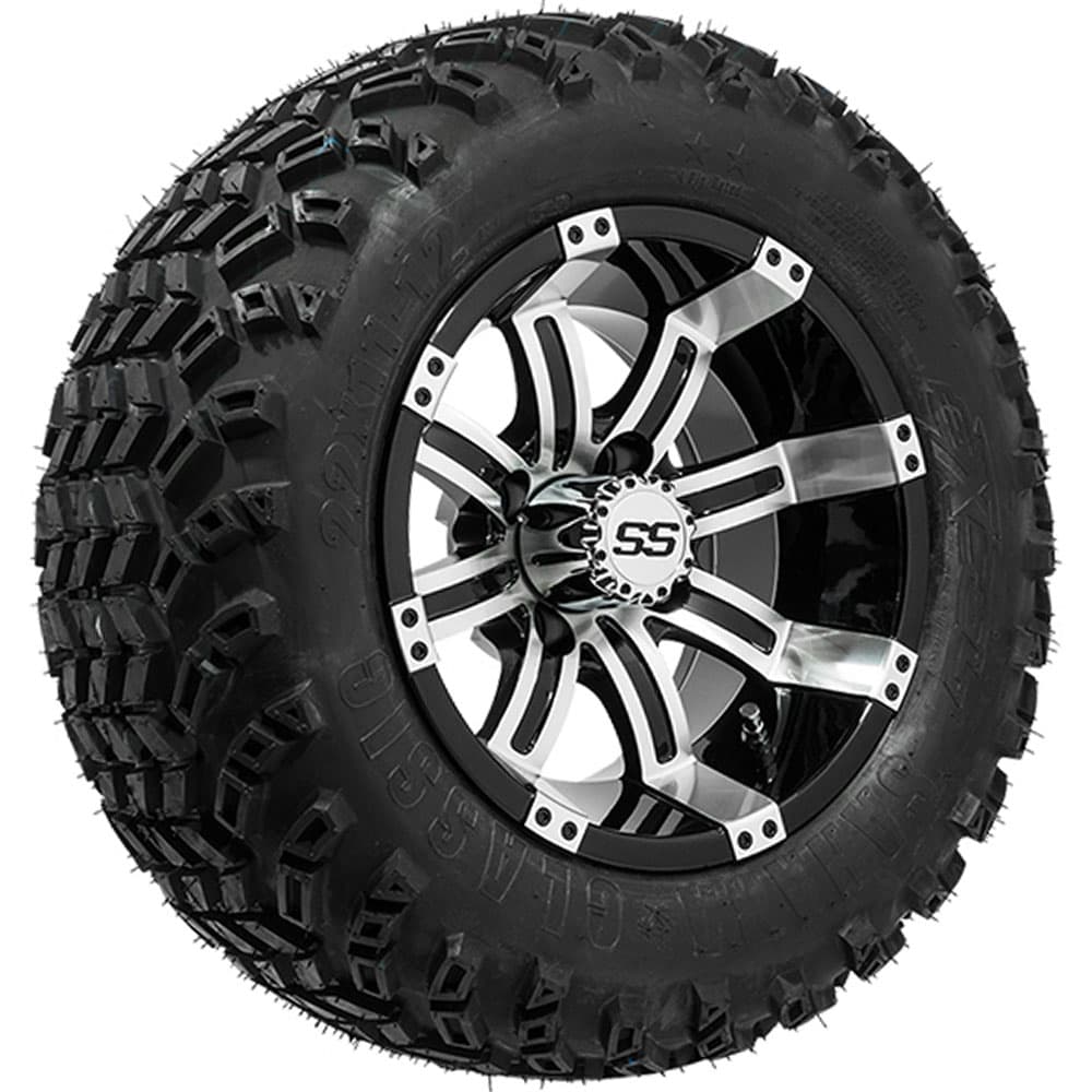 Set of 4 GTW 12in Tempest Black and Machined Wheels with 22in Sahara Classic A-T Tires