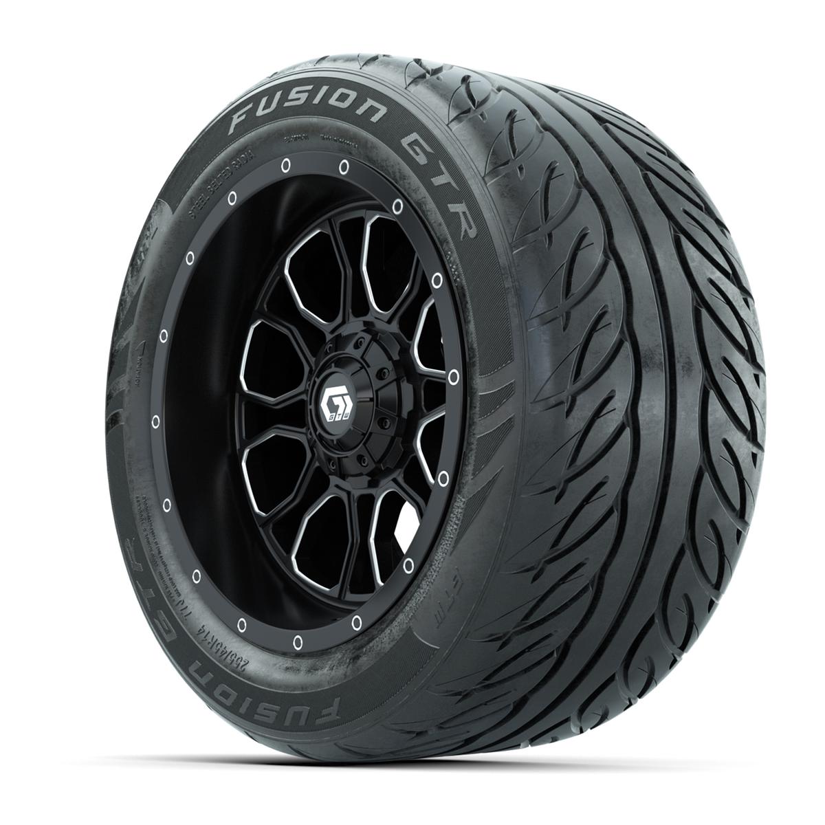 GTW&reg; Volt Black/Machined 14 in Wheels with 255/45-R14 Fusion GTR Steel Belt Radial Street Tires – Full Set