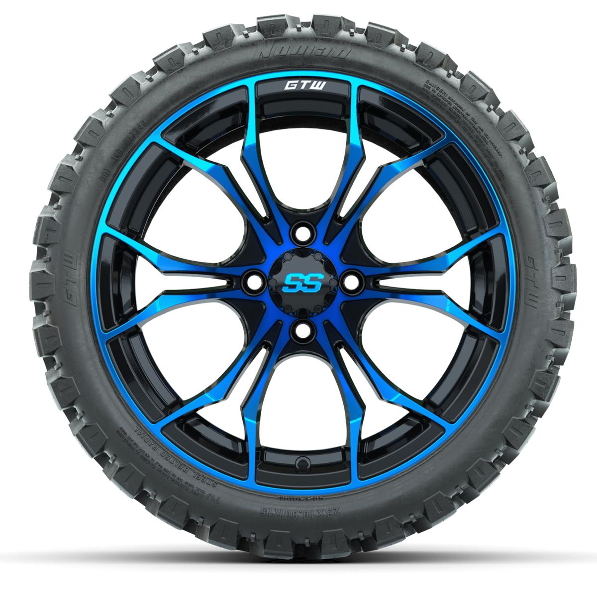 Set of (4) 15&Prime; GTW Spyder Blue/Black Wheels with 23x10-R15 Nomad All-Terrain Tires
