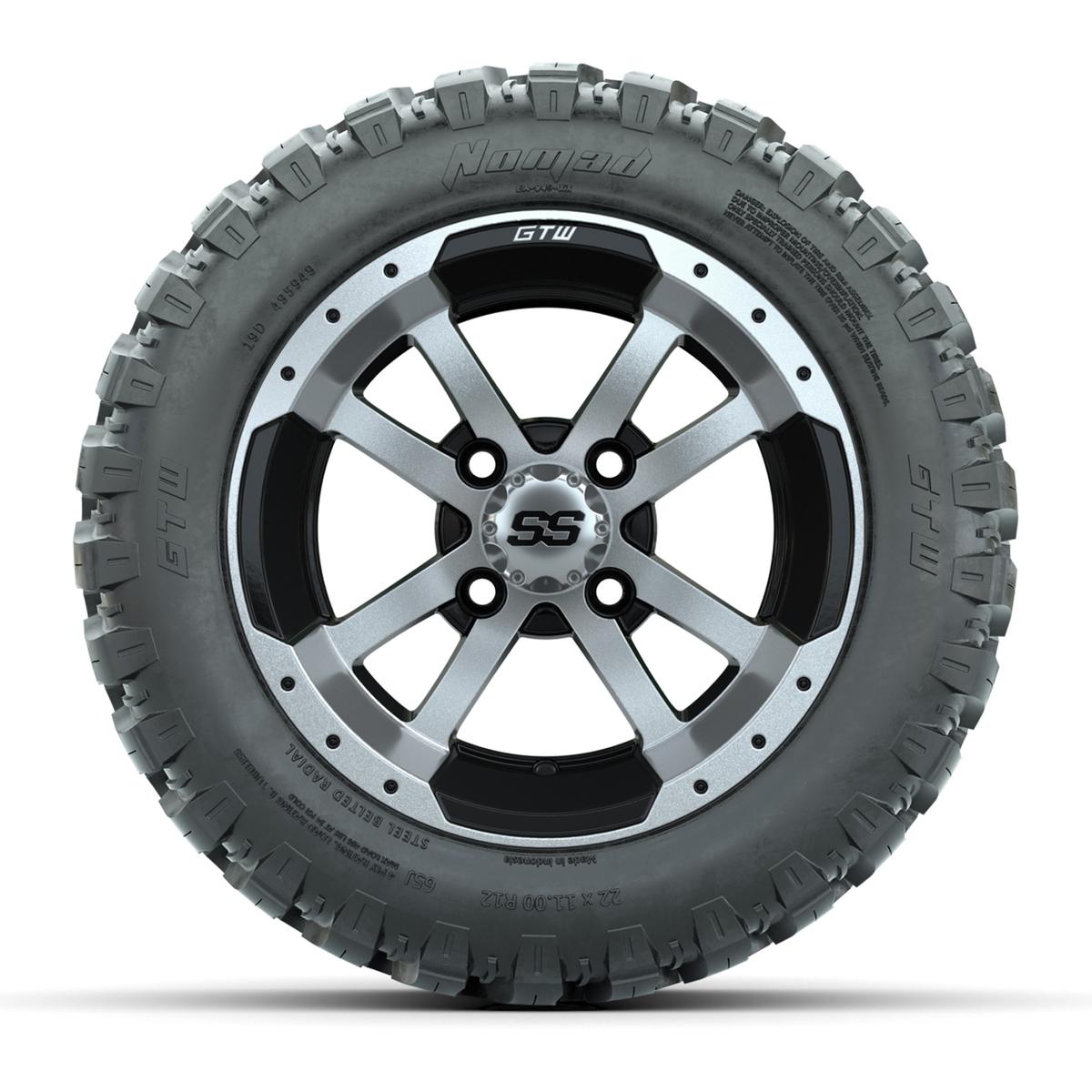 GTW&reg; Storm Trooper Black/Machined 12 in Wheels with 22X11-R12 Nomad Steel Belt Radial All-Terrain Tires – Full Set