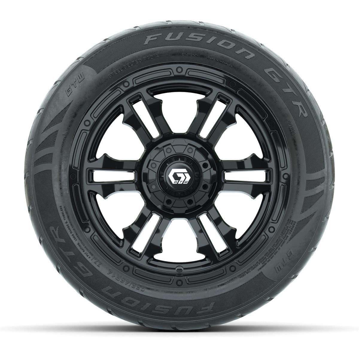 GTW&reg; Shogun Gloss Black 14 in Wheels with 255/45-R14 Fusion GTR Steel Belt Radial Street Tires – Full Set