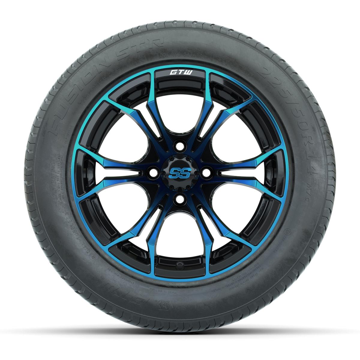 GTW&reg; Spyder Black and Blue 14 in Wheels with 255/50-R14 Fusion STR DOT Approved Street Tires - Full Set