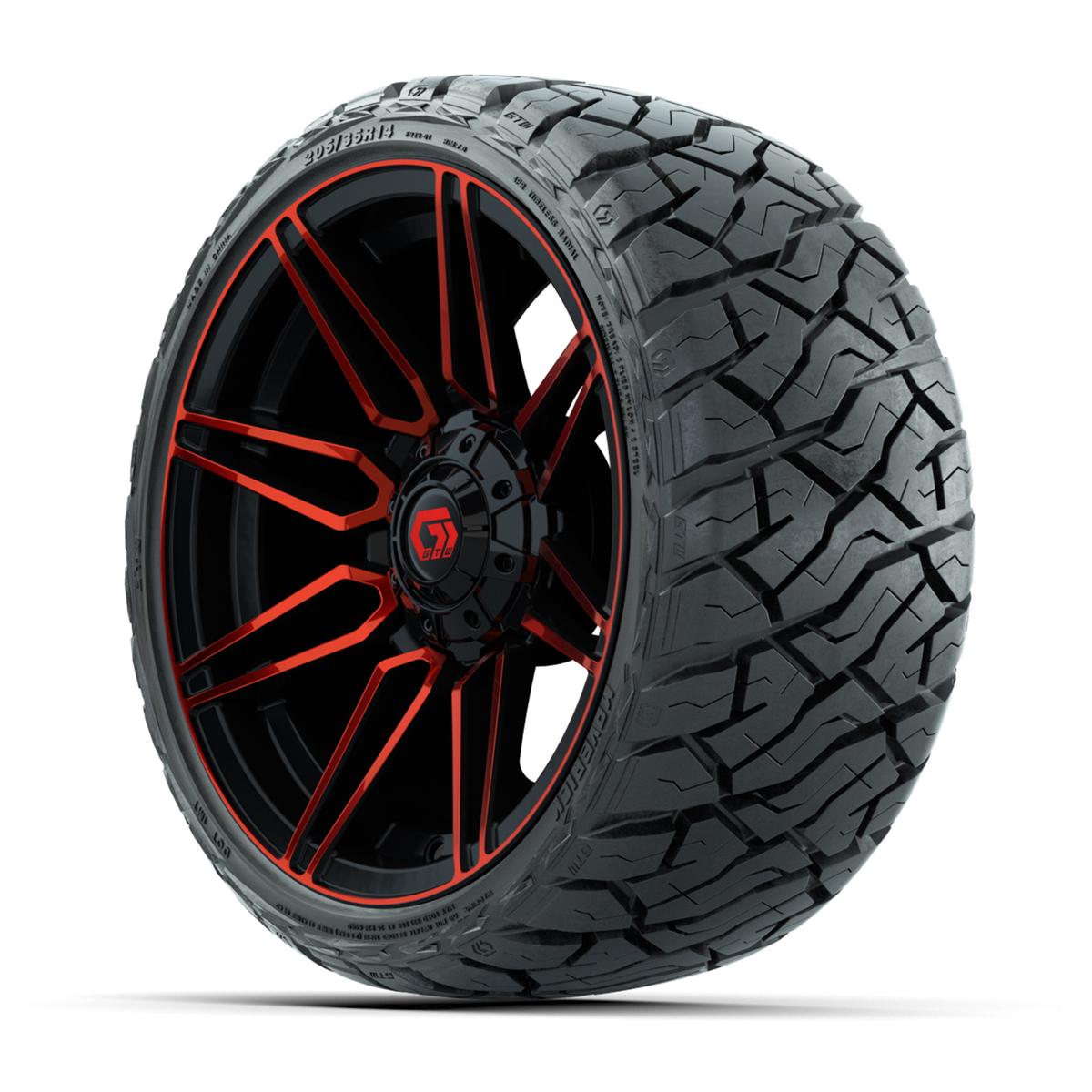 GTW Stealth Gloss Black/Red 14 in Wheels with 205/35-R14 Maverick Low-Profile All-Terrain Tires – Full Set