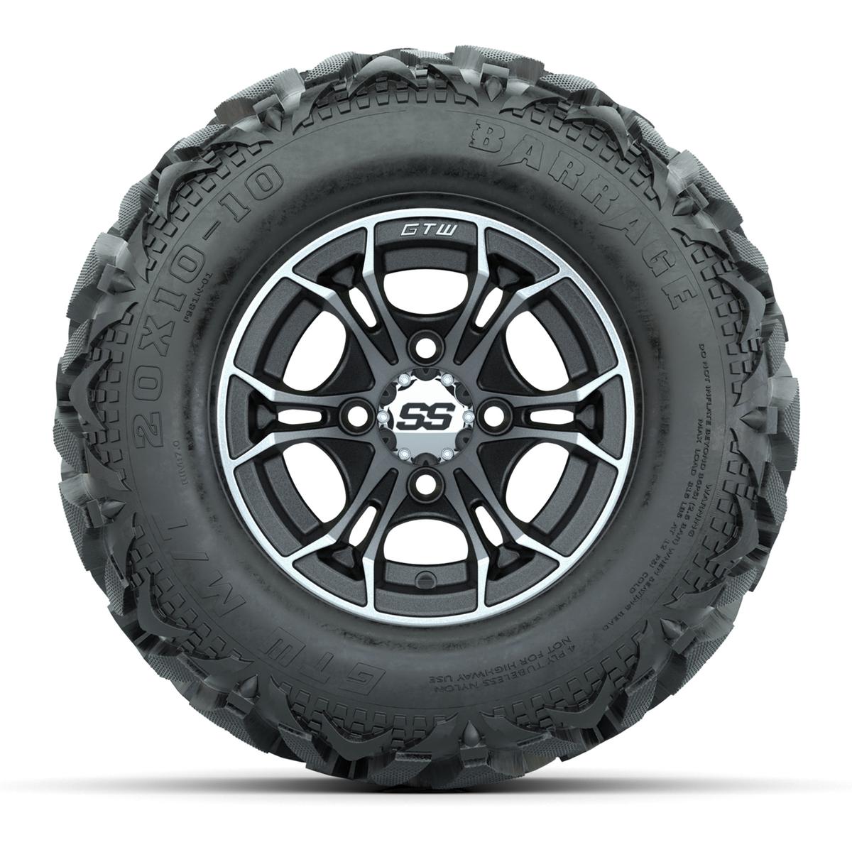 GTW Spyder Machined/Matte Grey 10 in Wheels with 20x10-10 Barrage Mud Tires – Full Set