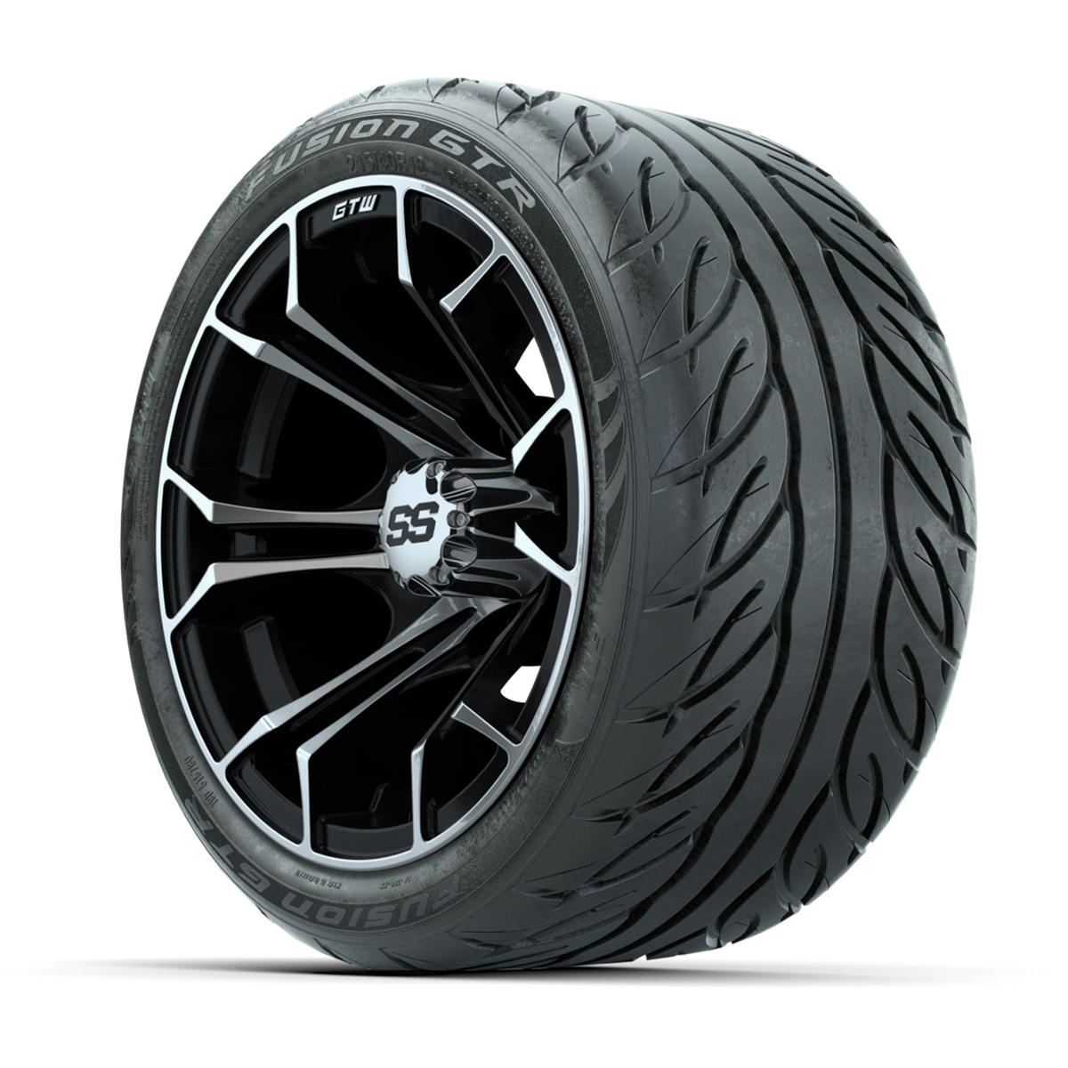 GTW&reg; Spyder Black/Machined 12 in Wheels with 215/40-R12 Fusion GTR Steel Belt Radial Street Tires – Full Set