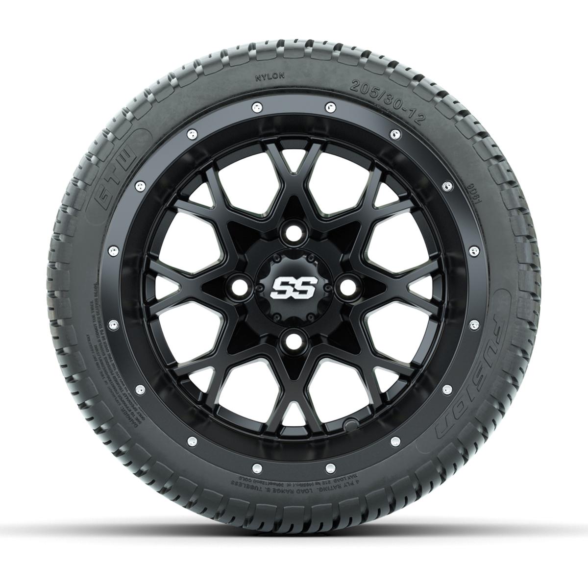 GTW&reg; Vortex 2 Matte Black/Machined 12 in Wheels with 205/30-12 Fusion Street Tires – Full Set