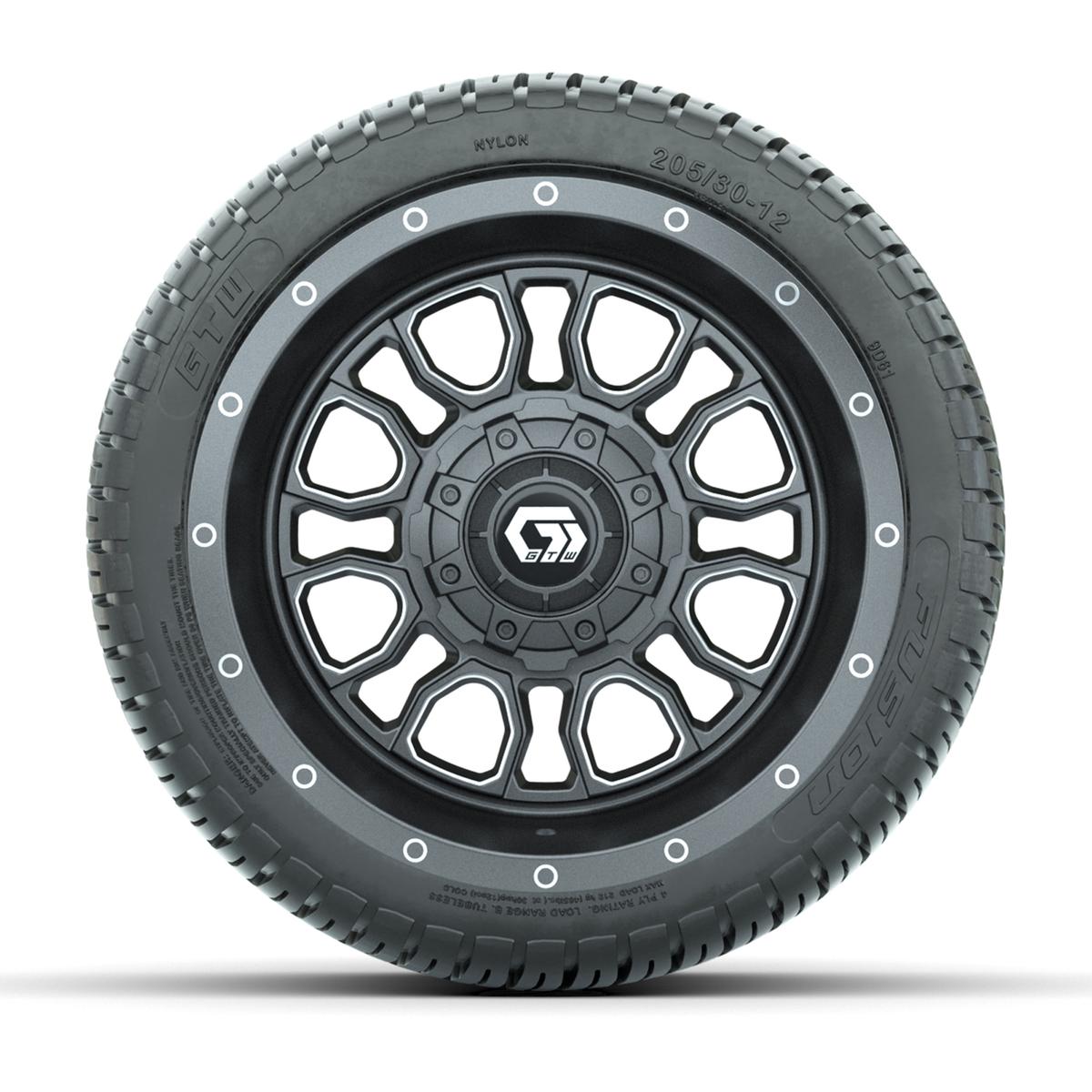 GTW&reg; Volt Gunmetal 12 in Wheels with 205/30-12 Fusion Street Tires – Full Set