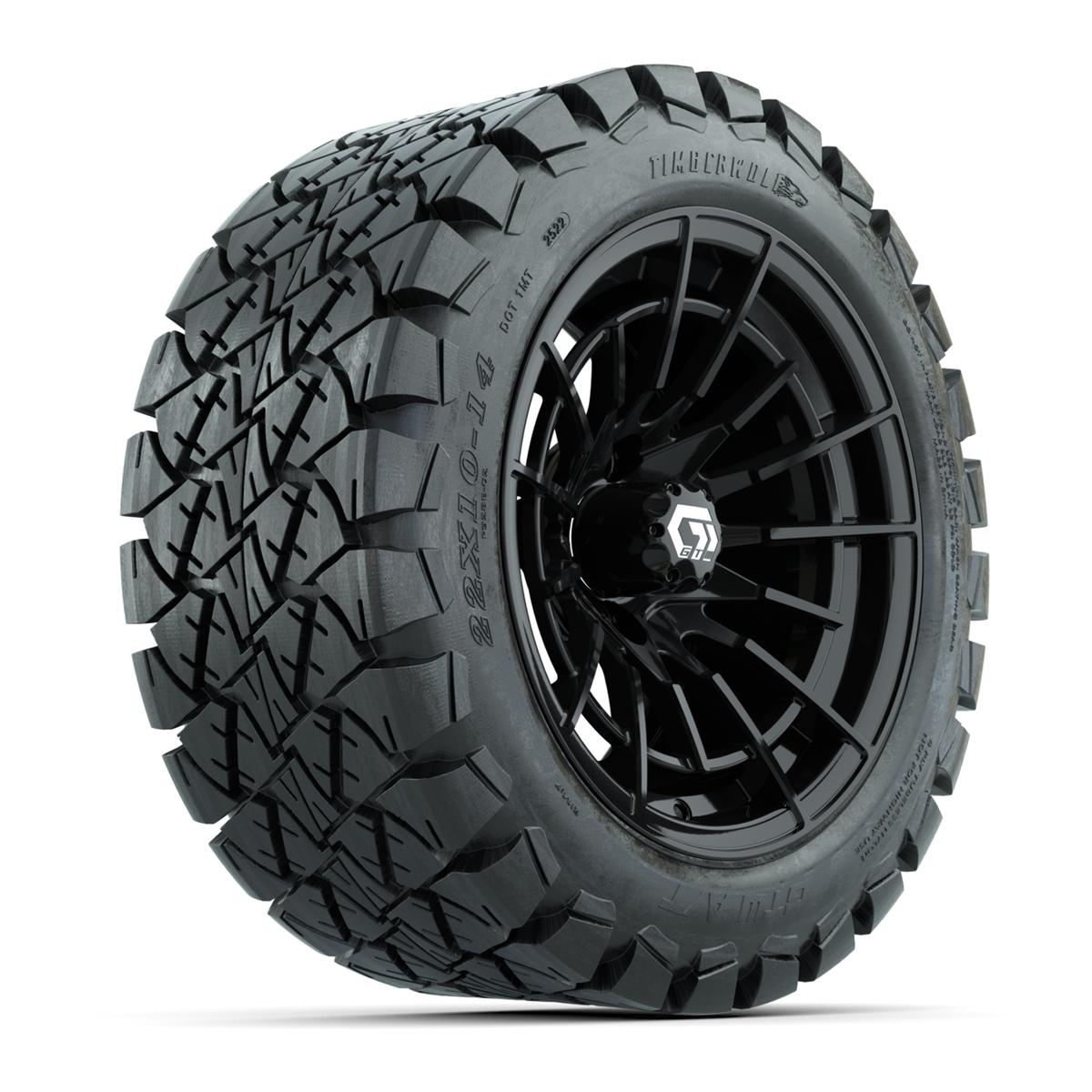 GTW® Boost Gloss Black 14 in Wheels with 22x10-14 Timberwolf All-Terrain Tires – Full Set