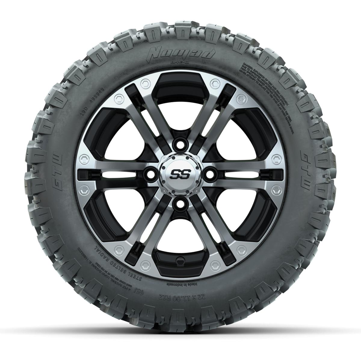 GTW&reg; Specter Black/Machined 12 in Wheels with 22X11-R12 Nomad Steel Belt Radial All-Terrain Tires – Full Set