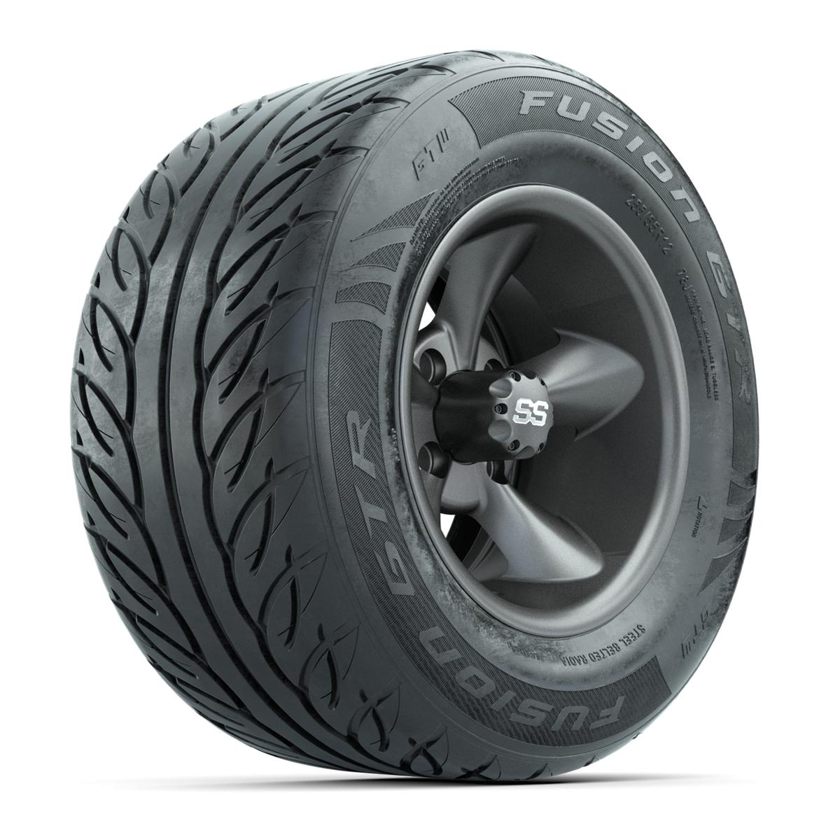 GTW&reg; Godfather Matte Gray 12 in Wheels with 255/55-R12 Fusion GTR Steel Belt Radial Street Tires – Full Set