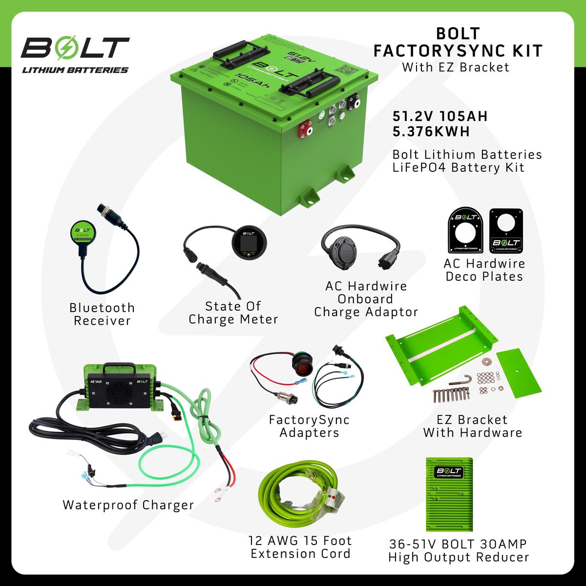 Bolt Energy Club Car 51V 105AH Heated Square Standard Battery FactorySync Kit