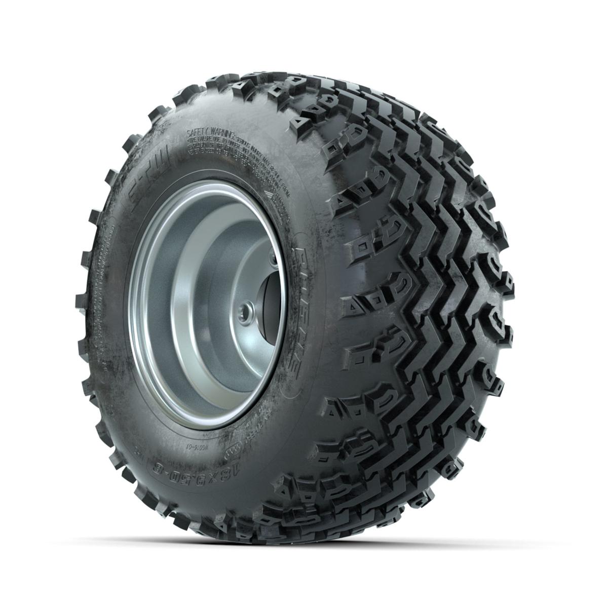 GTW Steel Silver Centered 8 in Wheels with 18x9.50-8 Rogue All Terrain Tires – Full Set