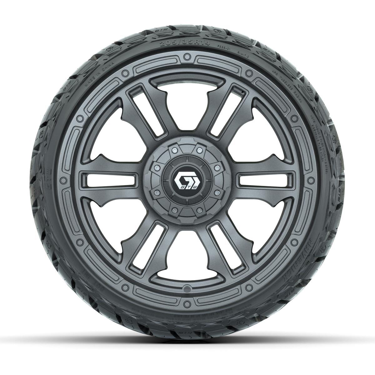 GTW Shogun Gloss Gunmetal 14 in Wheels with 205/35-R14 Maverick Low-Profile All-Terrain Tires – Full Set