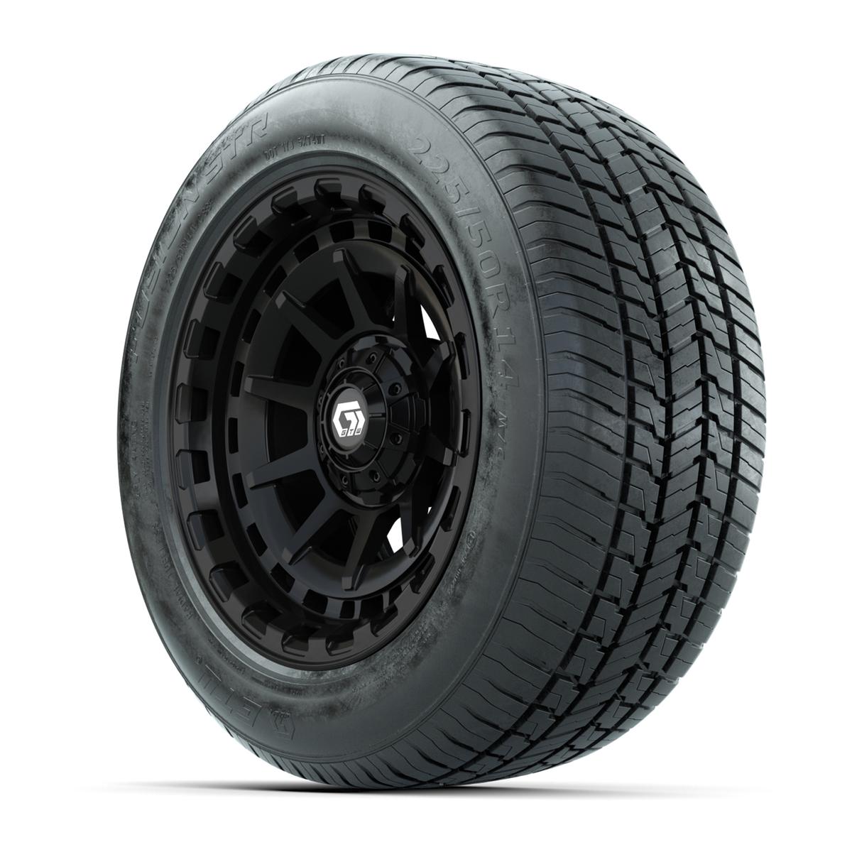 GTW&reg; Barricade Gloss Black 14 in Wheels with 255/50-R14 Fusion STR DOT Approved Street Tires - Full Set