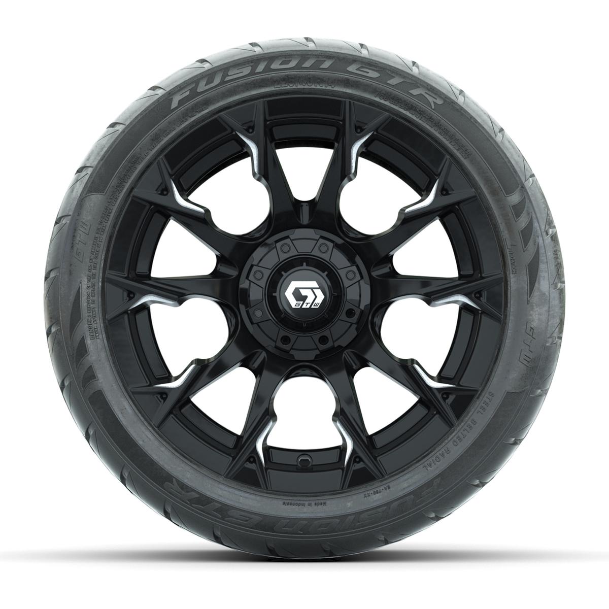 GTW&reg; Diablo Gloss Black/Machined 14 in Wheels with 225/40-R14 Fusion GTR Steel Belt Radial Street Tires – Full Set