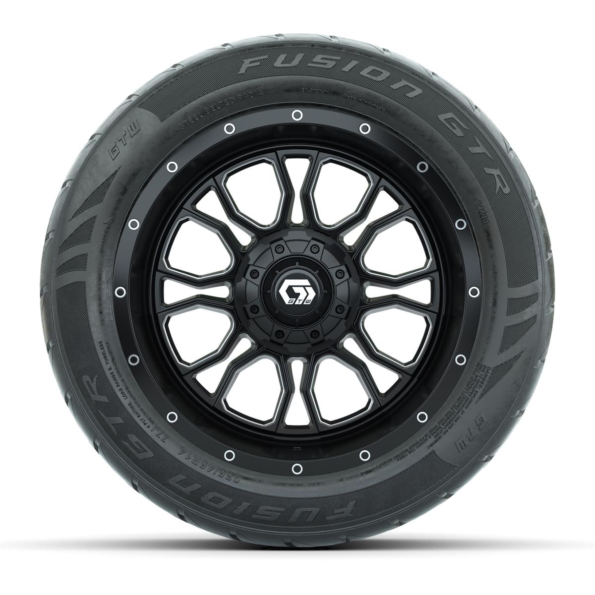 GTW&reg; Volt Black/Machined 14 in Wheels with 255/45-R14 Fusion GTR Steel Belt Radial Street Tires – Full Set
