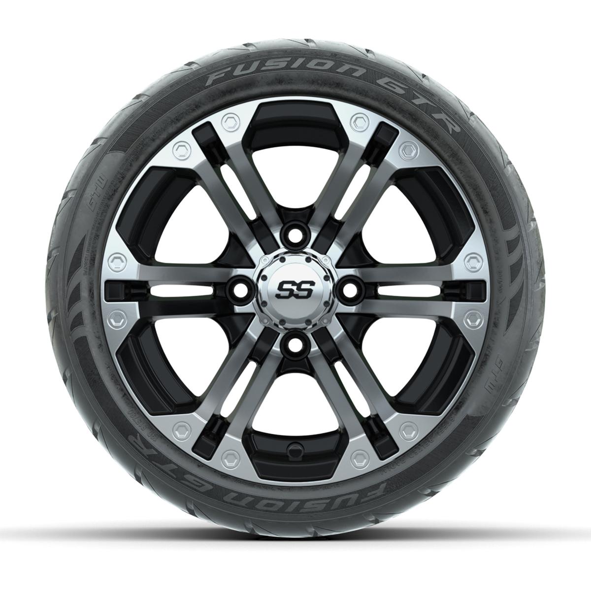 GTW&reg; Specter Black/Machined 12 in Wheels with 215/40-R12 Fusion GTR Steel Belt Radial Street Tires – Full Set