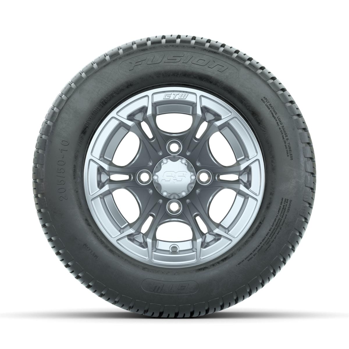 GTW Spyder Silver Brush 10 in Wheels with 205/50-10 Fusion Street Tires – Full Set