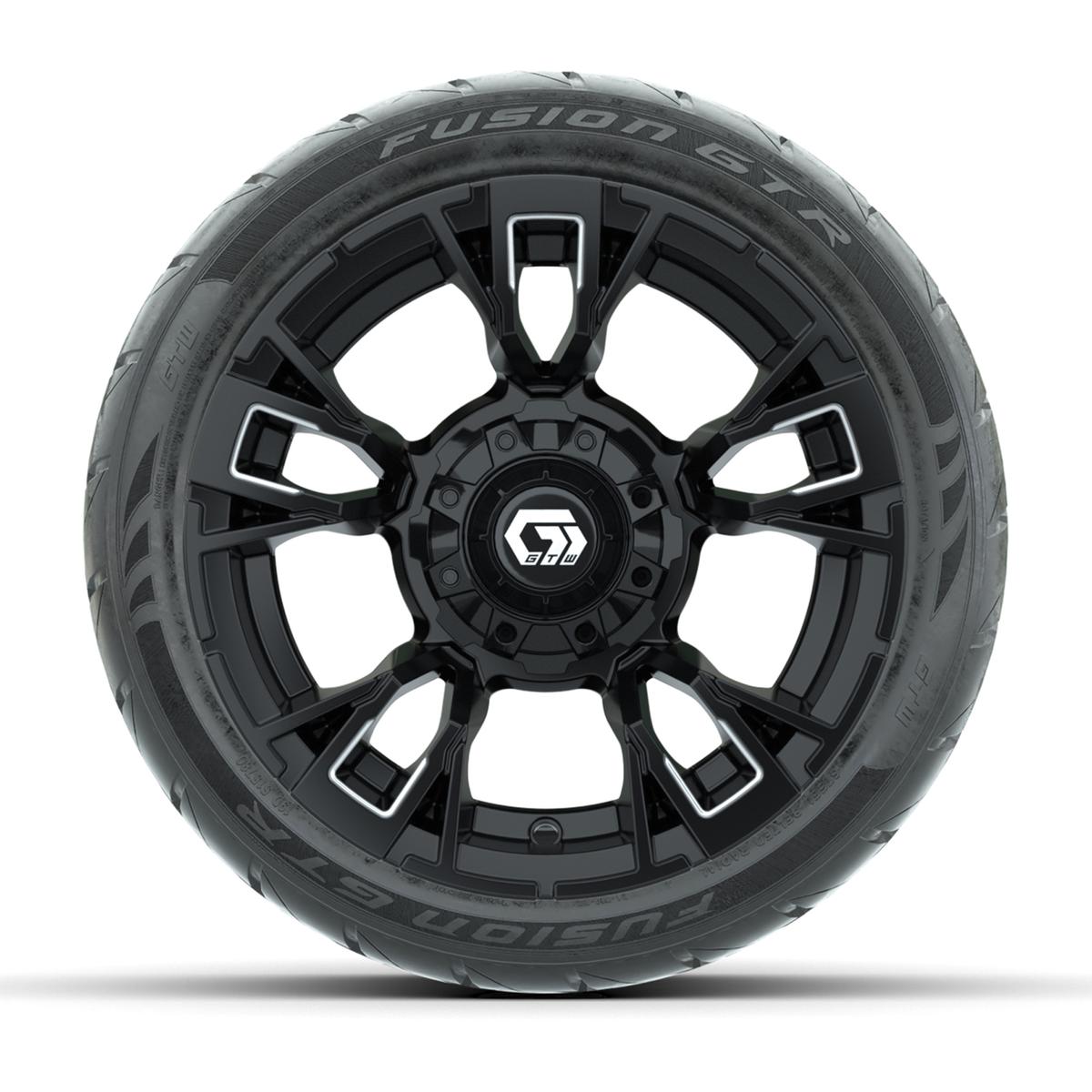 GTW&reg; Vandal Matte Black/Machined 12 in Wheels with 215/40-R12 Fusion GTR Steel Belt Radial Street Tires – Full Set