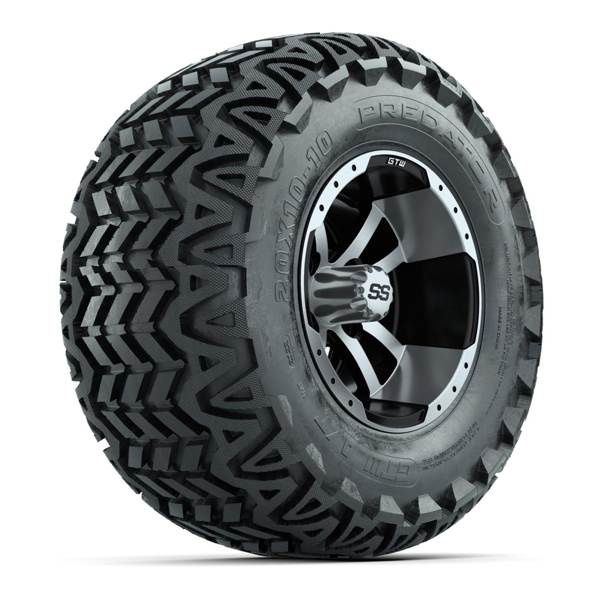 Set of 4 GTW 10in Storm Trooper Black and Machined Wheels with 20in Predator A-T Tires