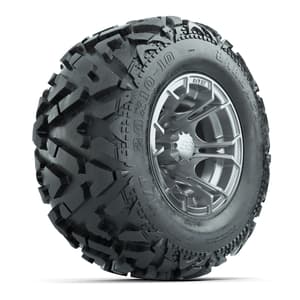 GTW Spyder Silver Brush 10 in Wheels with 20x10-10 Barrage Mud Tires – Full Set