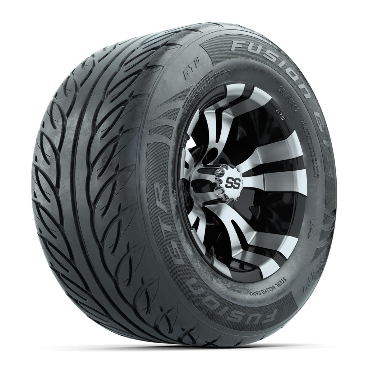 GTW&reg; Vampire Black/Machined 12 in Wheels with 255/55-R12 Fusion GTR Steel Belt Radial Street Tires – Full Set