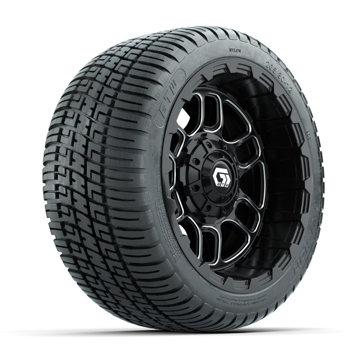 GTW&reg; Titan Black/Machined 12 in Wheels with 205/30-12 Fusion Street Tires – Full Set