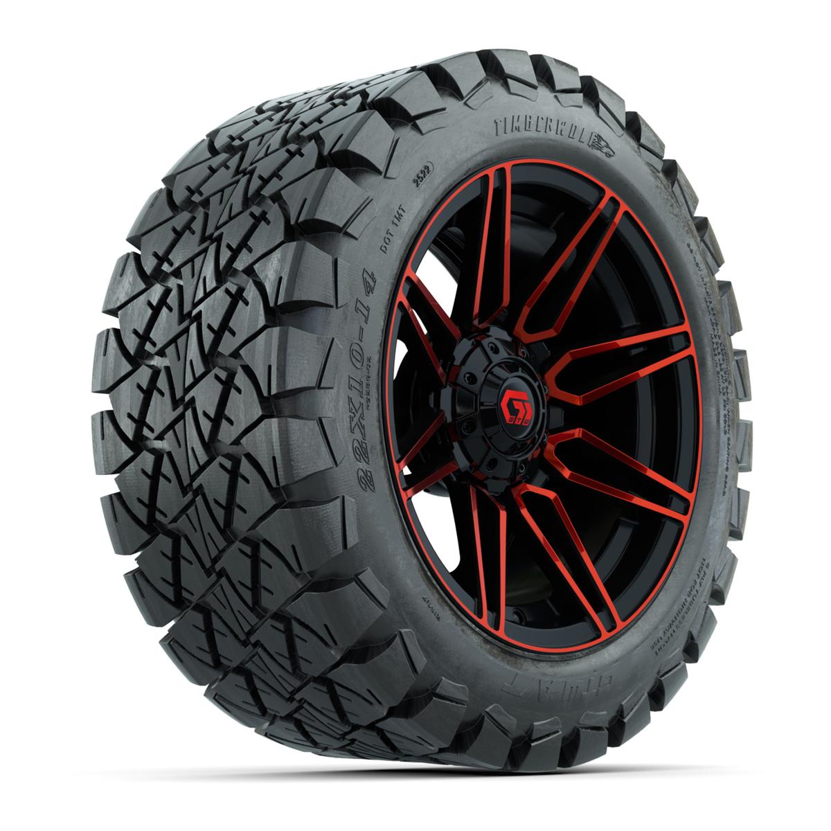 GTW® Stealth Gloss Black/Red 14 in Wheels with 22x10-14 Timberwolf All-Terrain Tires – Full Set