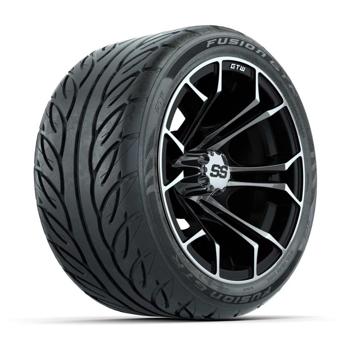 GTW&reg; Spyder Black/Machined 12 in Wheels with 215/40-R12 Fusion GTR Steel Belt Radial Street Tires – Full Set