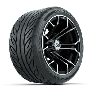 GTW&reg; Spyder Black/Machined 12 in Wheels with 215/40-R12 Fusion GTR Steel Belt Radial Street Tires – Full Set