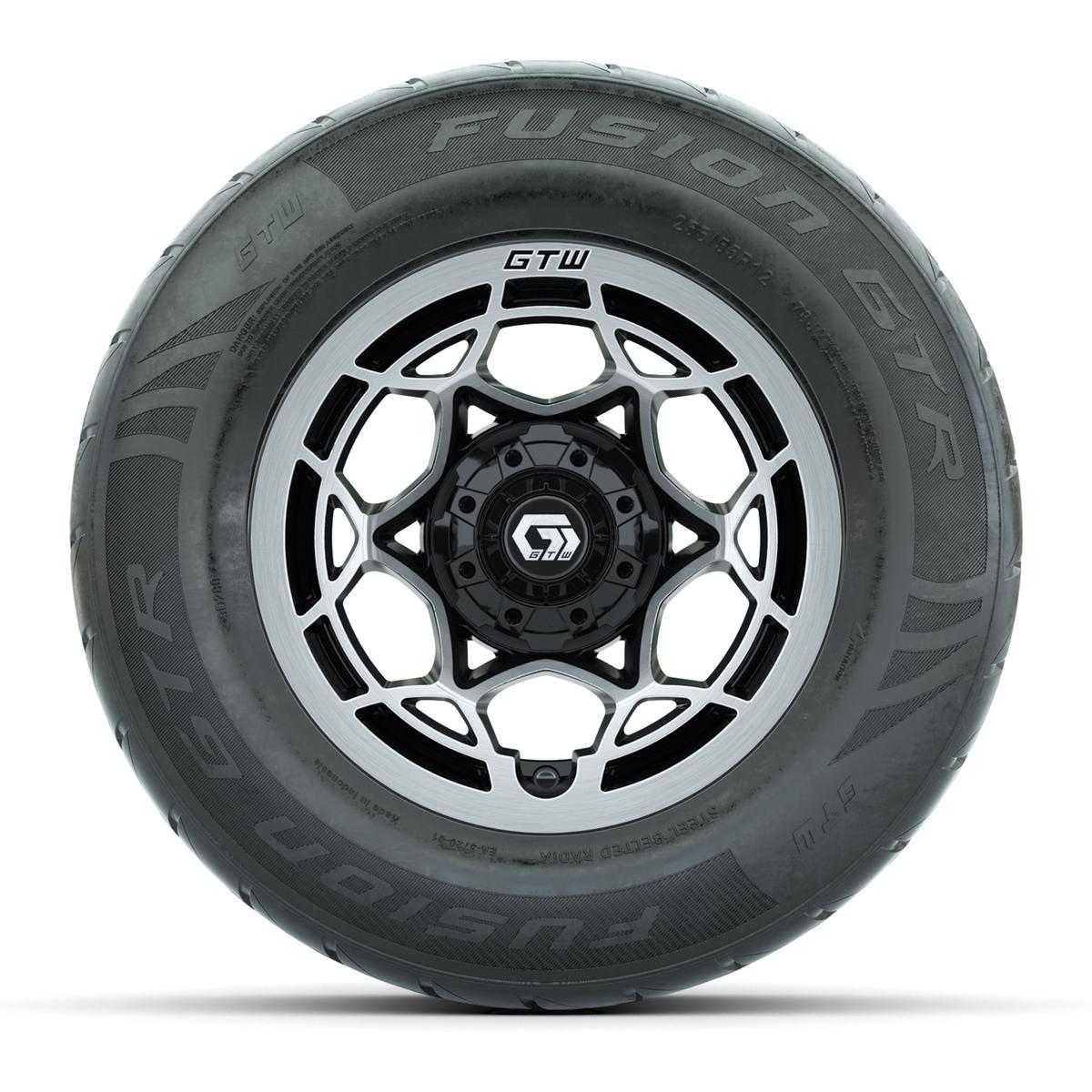 GTW&reg; Nexus Black with Silver Face 12 in Wheels with 255/55-R12 Fusion GTR Steel Belt Radial Street Tires – Full Set