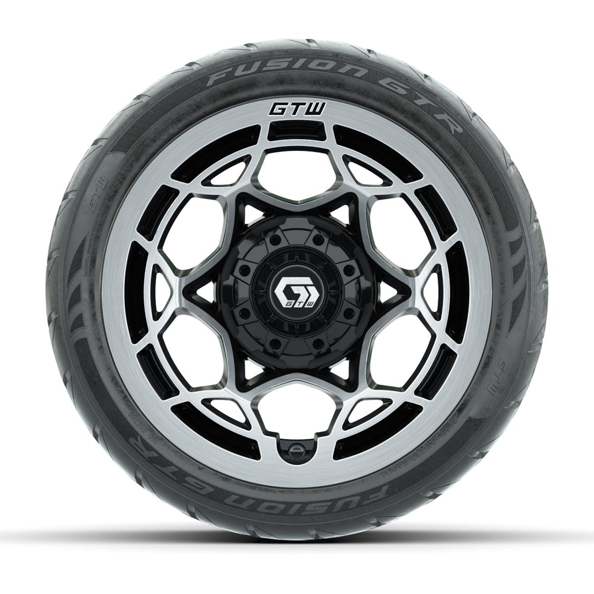 GTW&reg; Nexus Black with Silver Face 12 in Wheels with 215/40-R12 Fusion GTR Steel Belt Radial Street Tires – Full Set