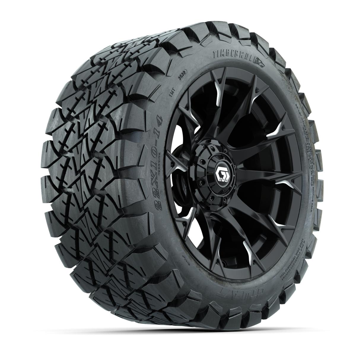 GTW® Diablo Gloss Black/Machined 14 in Wheels with 22x10-14 Timberwolf All-Terrain Tires – Full Set
