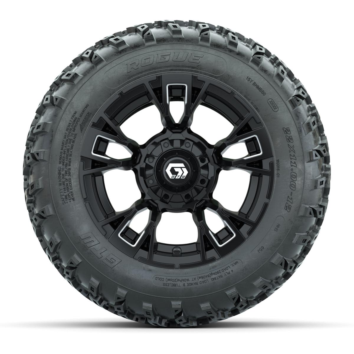 GTW® Vandal Matte Black/Machined 12 in Wheels with 22x11.00-12 Rogue All-Terrain Tires – Full Set