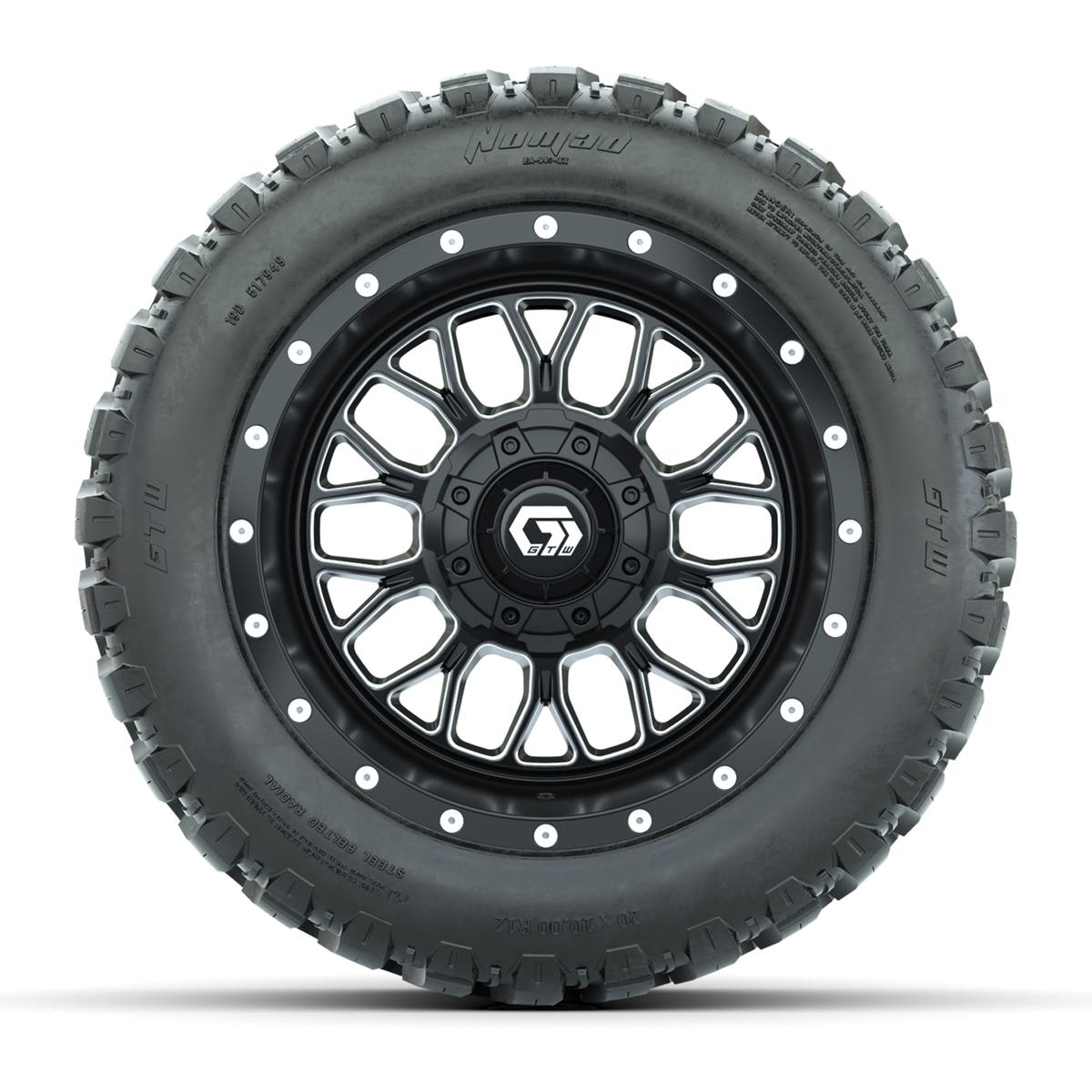 GTW&reg; Helix Black/Machined 12 in Wheels with 20X10-12 Nomad Steel Belt Radial All-Terrain Tires – Full Set