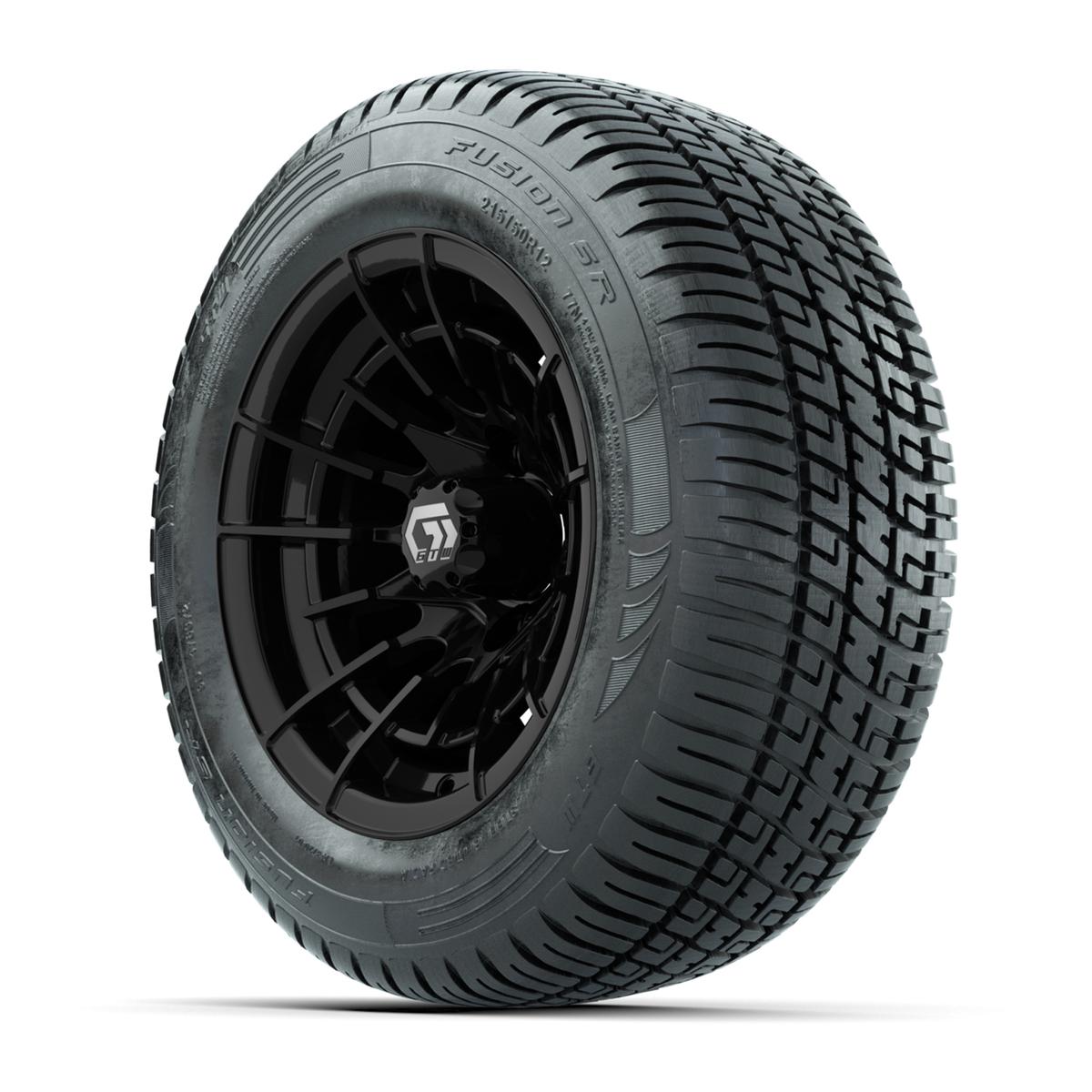 GTW® Boost Gloss Black 12 in Wheels with 215/50-R12 Fusion S/R Steel Belt Radial Tires – Full Set