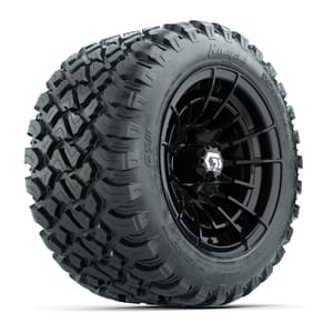 GTW&reg; Boost Gloss Black 12 in Wheels with 22X11-R12 Nomad Steel Belt Radial All-Terrain Tires – Full Set