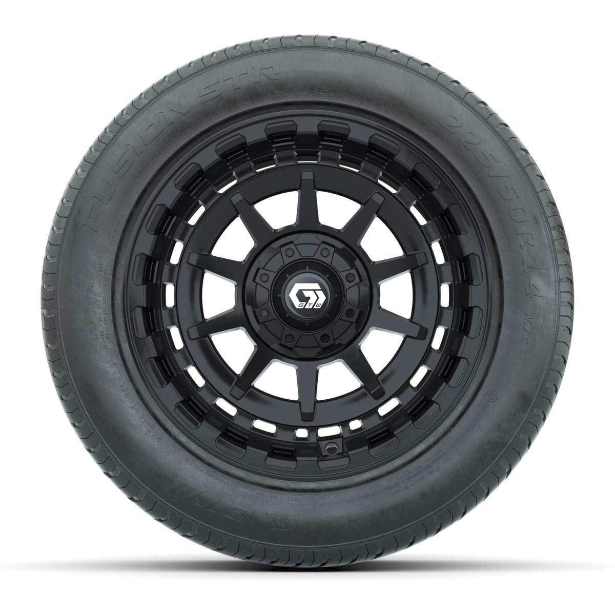 GTW&reg; Barricade Gloss Black 14 in Wheels with 255/50-R14 Fusion STR DOT Approved Street Tires - Full Set