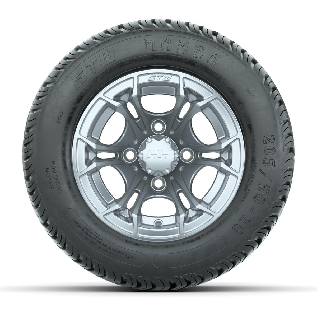 GTW Spyder Silver Brush 10 in Wheels with 205/50-10 Mamba Street Tires – Full Set