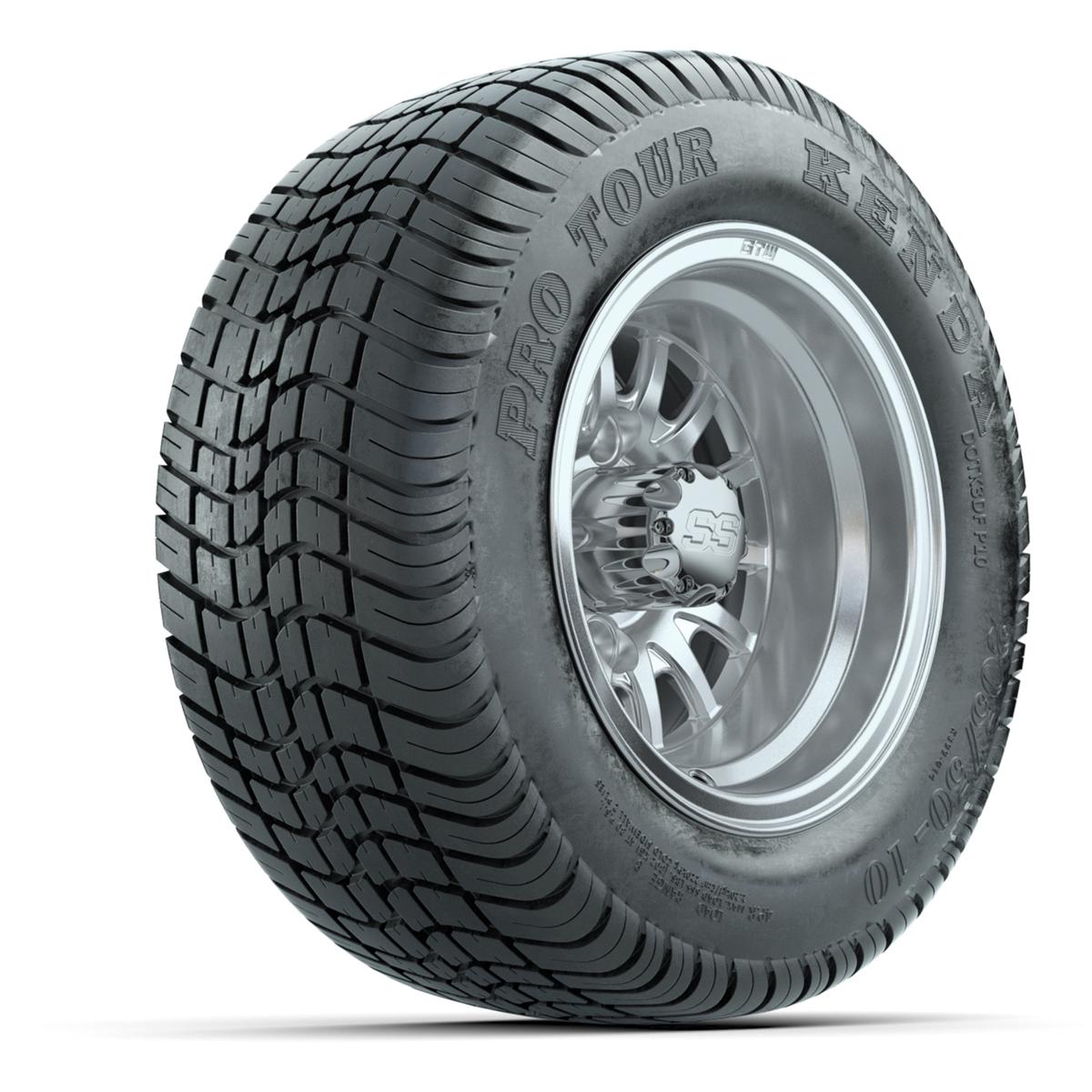 GTW Medusa Silver/Machined 10 in Wheels with 205/50-10 Kenda Pro Tour Street Tires – Full Set
