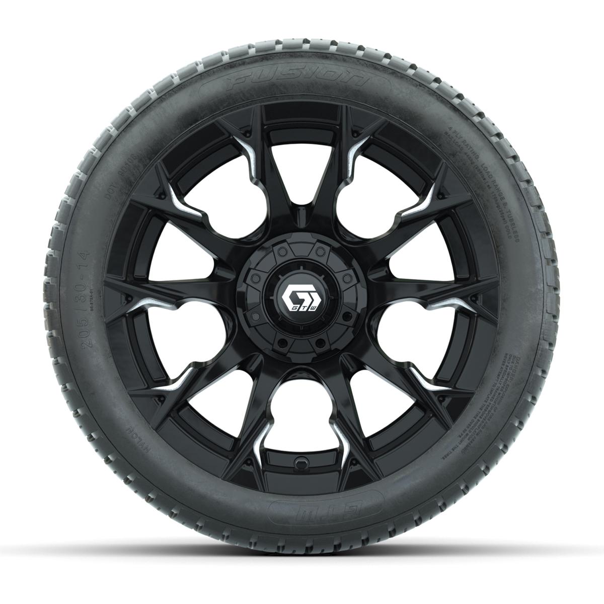 GTW® Diablo Gloss Black/Machined 14 in Wheels with 205/30-14 Fusion Street Tires – Full Set