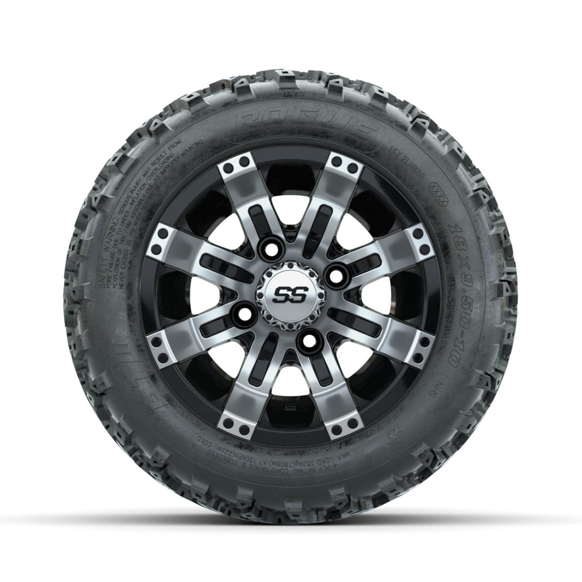 GTW Tempest Machined/Black 10 in Wheels with 18x9.50-10 Rogue All Terrain Tires – Full Set