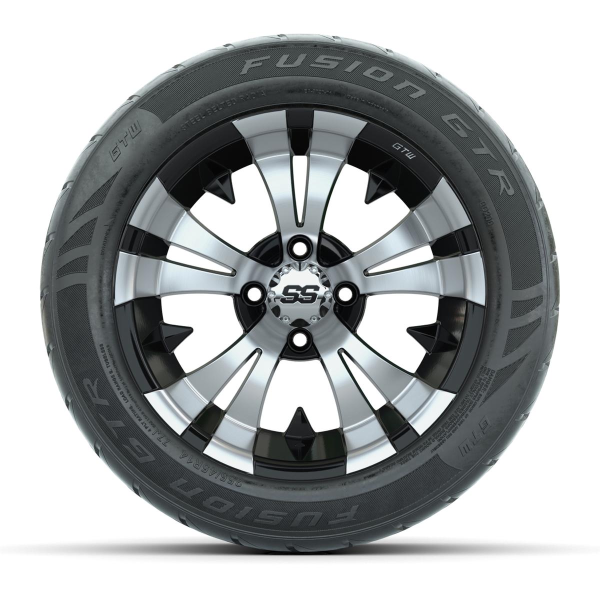 GTW&reg; Vampire Black/Machined 14 in Wheels with 255/45-R14 Fusion GTR Steel Belt Radial Street Tires – Full Set