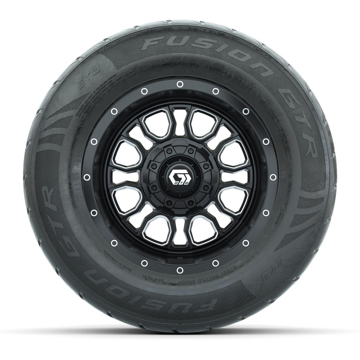 GTW&reg; Volt Black/Machined 12 in Wheels with 255/55-R12 Fusion GTR Steel Belt Radial Street Tires – Full Set