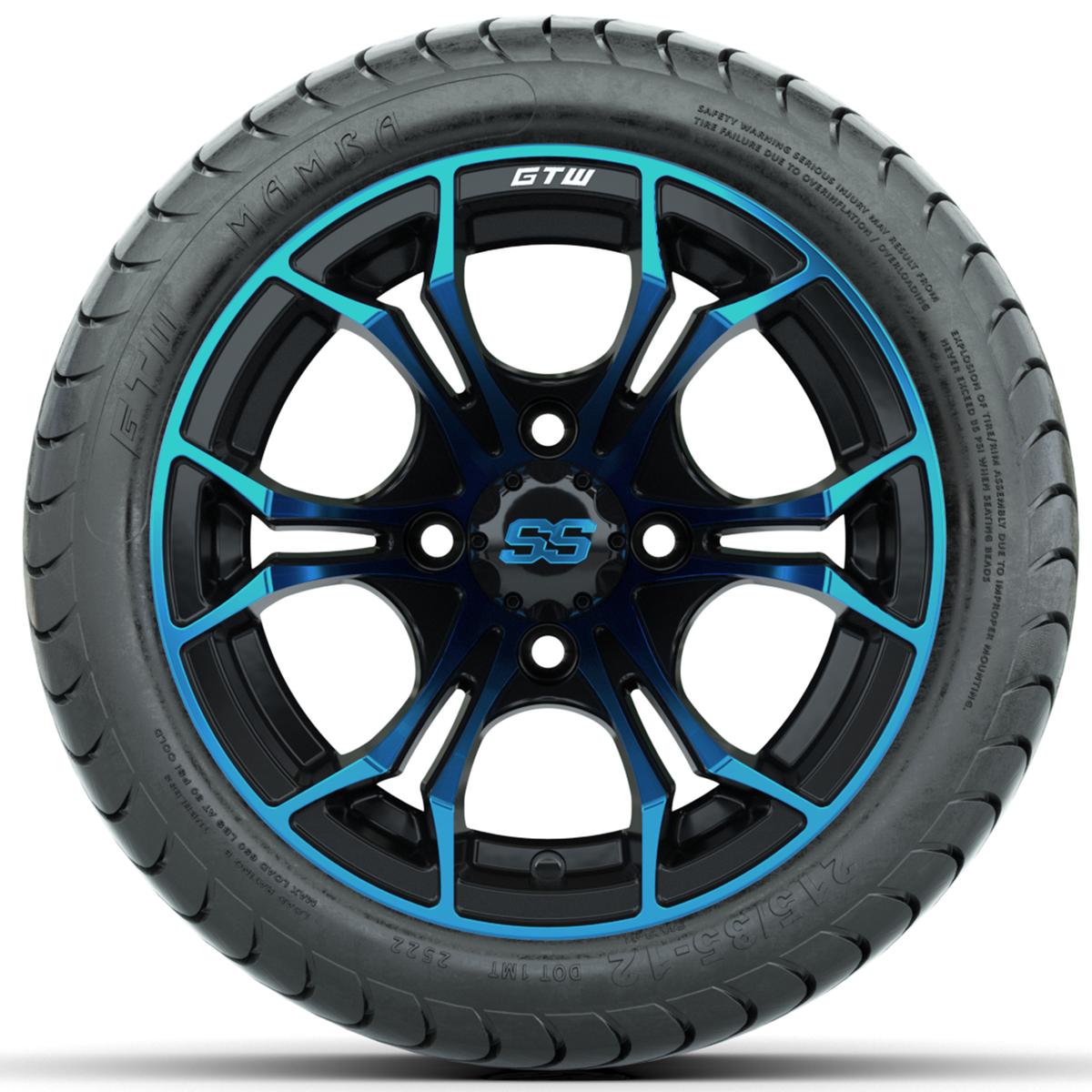 GTW Spyder Blue/Black 12 in Wheels with 215/35-12 GTW Mamba Street Tires – Full Set