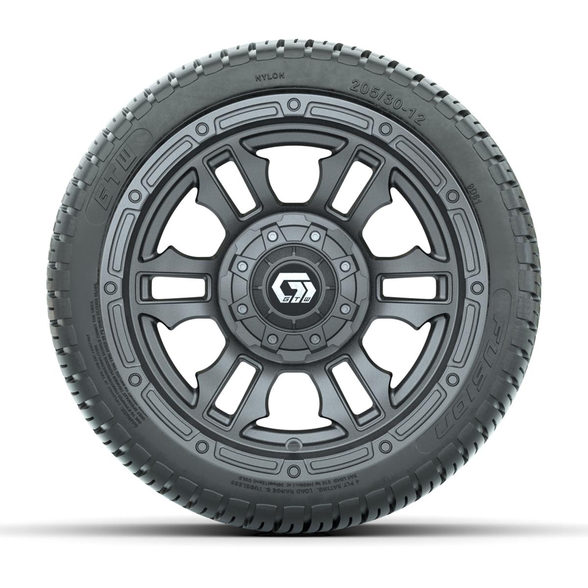 GTW&reg; Shogun Gunmetal 12 in Wheels with 205/30-12 Fusion Street Tires – Full Set