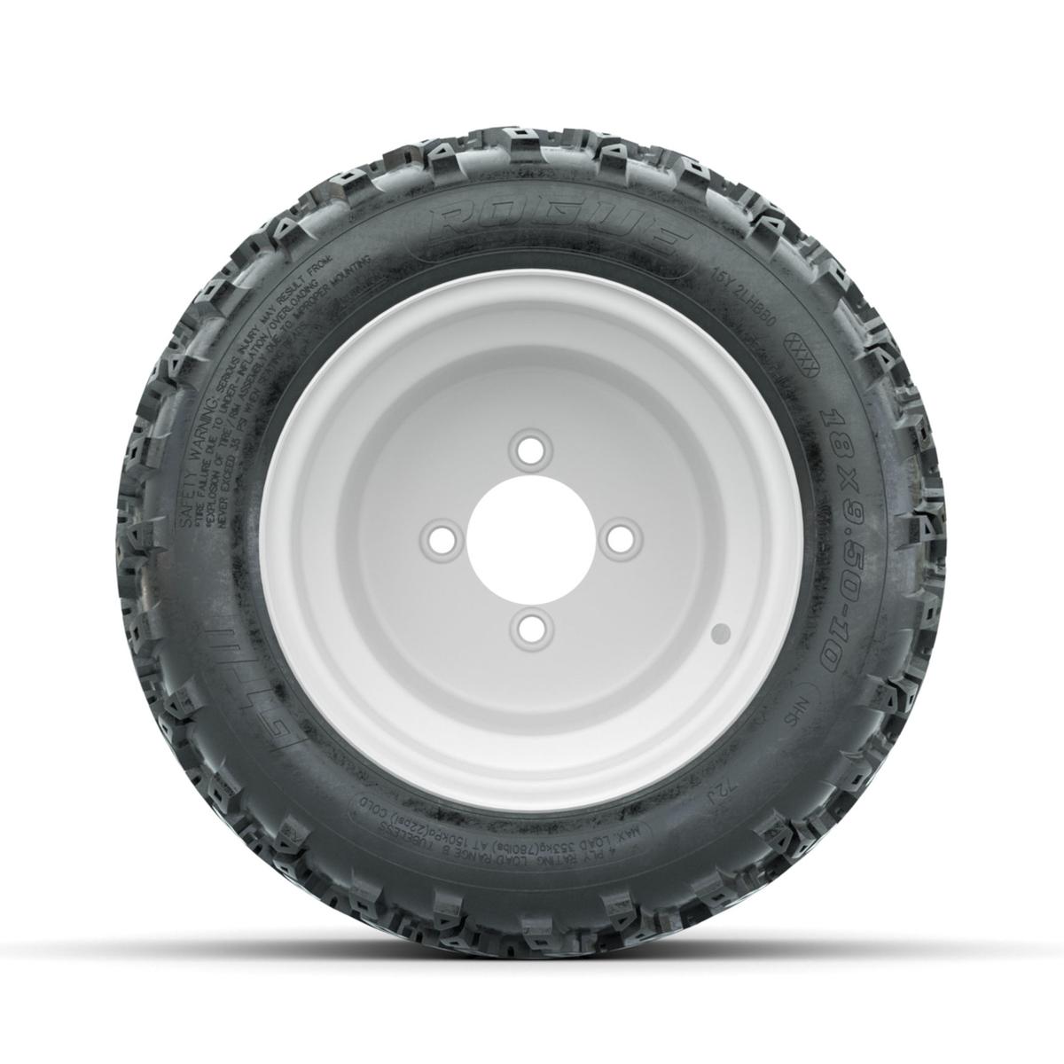 GTW Steel White 3:5 Offset 10 in Wheels with 18x9.50-10 Rogue All Terrain Tires – Full Set
