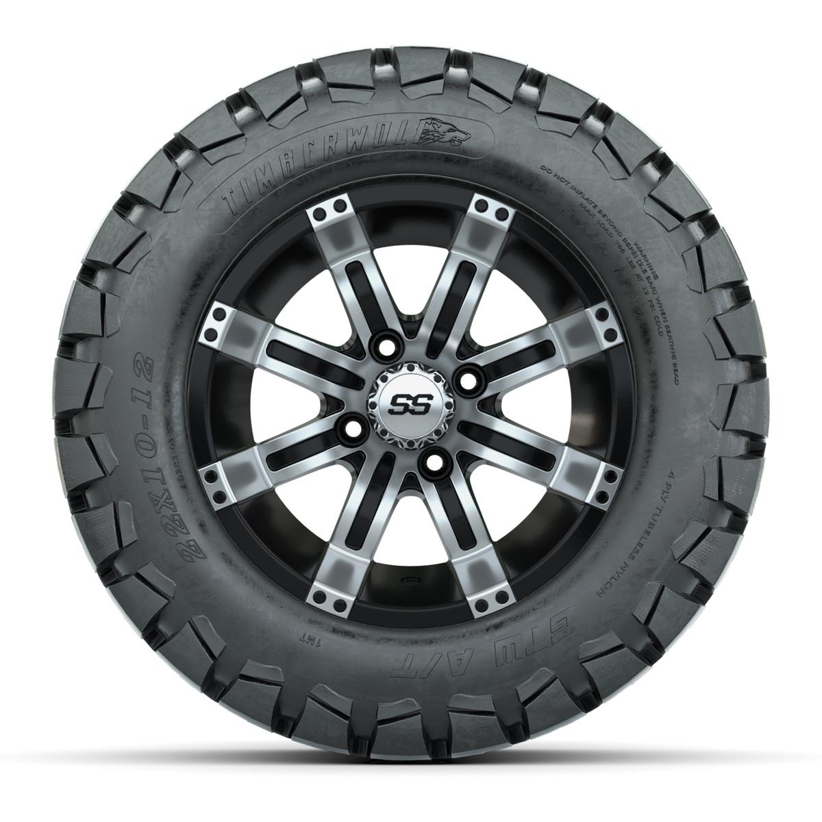 GTW Tempest Black and Machined Wheels with 22in Timberwolf Mud Tires - 12 Inch